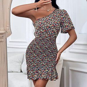 2023 Women's Summer One Shoulder Floral Bodycon Mini Dress Smocked Ruffle Mermai